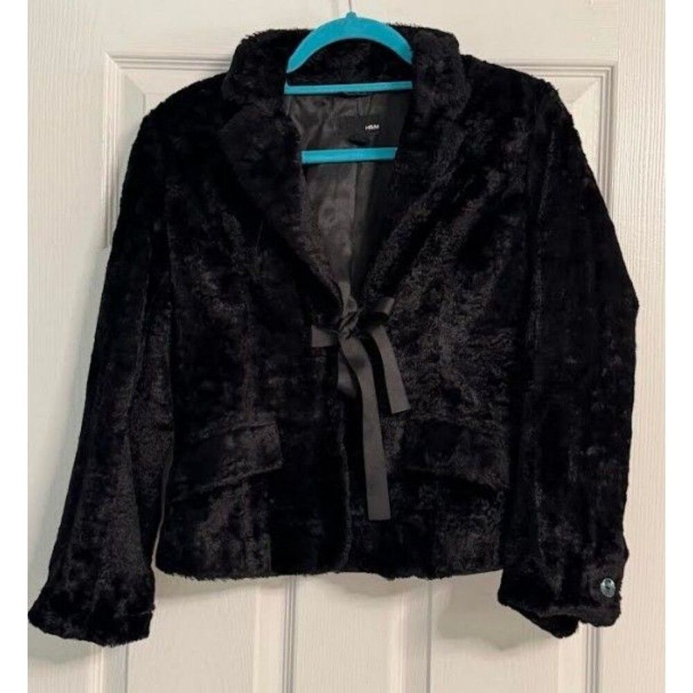 HM Faux Fur Dressy Cardigan Blazer Sz 6 (S) Black Semi Bell Cuff Tie